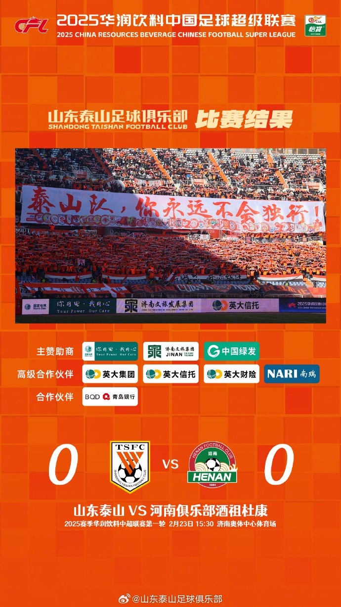 中超首戰(zhàn)，泰山隊(duì)雖未取勝，但全隊(duì)展現(xiàn)出了頑強(qiáng)的拼搏精神